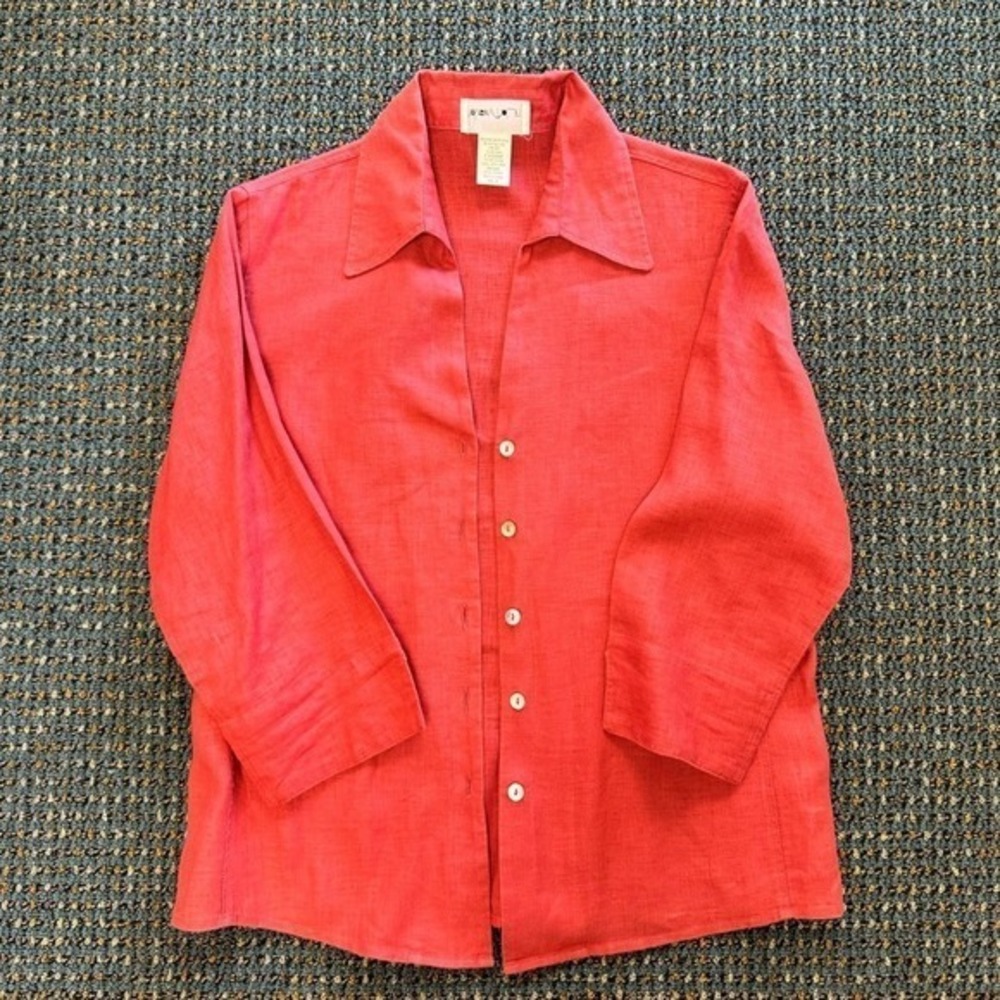 David N Coral Pink 100% Linen 3/4 Sleeve Button Down Shirt Medium